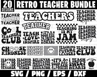 Retro Teacher Svg Bundle, Teacher Quotes Svg, Teacher Sayings Svg, Teacher Life Svg, School Svg, Teach Svg, Retro Wavy Text svg, Cut Files