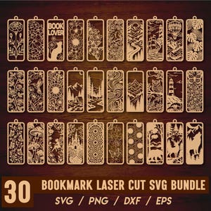 Può includere: Una collezione di 30 segnalibri rettangolari in legno tagliati al laser con intricati disegni traforati tra cui fiori, animali, paesaggi, un faro, un castello e un gatto con il testo BOOK LOVER. Il set è etichettato 30 BOOKMARK LASER CUT SVG BUNDLE.