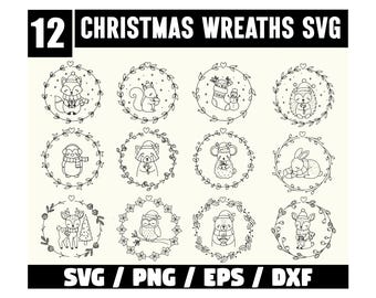 May include: A digital design featuring 12 Christmas wreaths with cute animal illustrations. Each wreath is a circular design with a different animal, such as a fox, squirrel, and bear. The text "12 CHRISTMAS WREATHS SVG" is at the top, with file type options at the bottom.