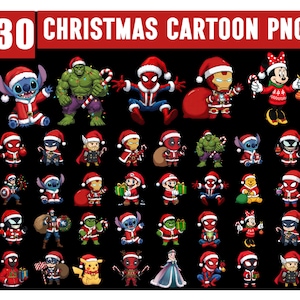 May include: A collection of 30 Christmas cartoon PNG images featuring various characters dressed in Santa hats and festive attire. Characters include superheroes, Disney figures, and other popular cartoon figures. The text "30 CHRISTMAS CARTOON PNG" is displayed at the top.