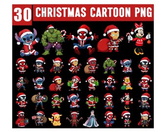 30 uroczych świątecznych postaci w formacie PNG, dziecięce kreskówki świąteczne w formacie PNG: świąteczne grafiki clipart, projekt sublimacji, urocze świąteczne grafiki PNG, superbohaterskie święta