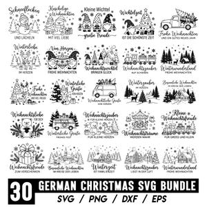 May include: A collection of 30 black and white Christmas-themed graphic designs featuring illustrations of snowmen, gnomes, reindeer, trains, and winter landscapes with German text phrases. The set is labeled 30 GERMAN CHRISTMAS SVG BUNDLE.