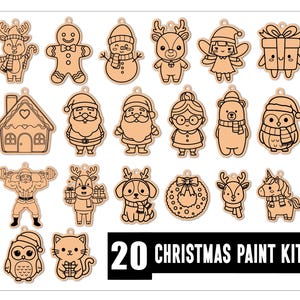 May include: A collection of 20 wooden Christmas ornaments in various shapes, including reindeer, gingerbread men, and Santa Claus. The ornaments are unpainted and ready for customization. The text "20 CHRISTMAS PAINT KIT" is displayed.