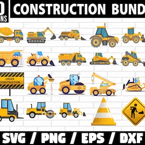 Può includere: Un set di 20 file di taglio SVG di veicoli e cartelli da cantiere gialli. Il set include un'autobetoniera, un bulldozer, una pala gommata, un camion ribaltabile, un escavatore, una gru, un rullo compressore, un carrello elevatore e altro ancora. Il testo "20 DESIGNS" e "SVG/PNG/EPS/DXF" è incluso nell'immagine.
