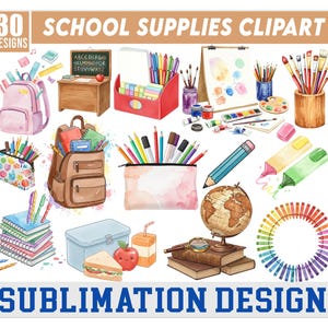 School Supplies Watercolor Clipart, Back To School Clipart, School png Bundle, Paster School Supplies png, Back To School Classroom Clipart