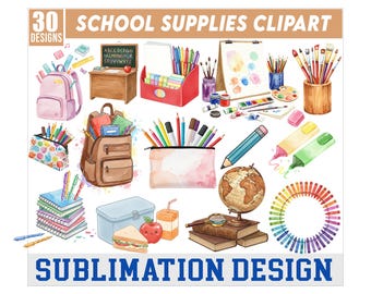 School Supplies Watercolor Clipart, Back To School Clipart, School png Bundle, Paster School Supplies png, Back To School Classroom Clipart