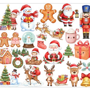 May include: A collection of watercolor Christmas-themed illustrations. The image features Santa Claus, snowmen, gingerbread people, reindeer, Christmas trees, a nutcracker, and other festive elements. The illustrations are in bright colors and have a whimsical style.
