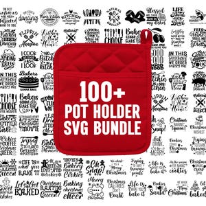 Peut inclure: Un manique de cuisine rouge avec une poche, affichant le texte "100+ POT HOLDER SVG BUNDLE" en blanc. L'arrière-plan est rempli de divers motifs SVG sur le thème de la cuisine en noir et blanc.