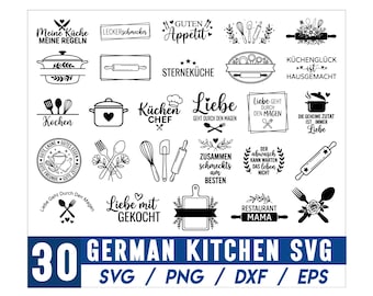 Pakiet plików SVG z kuchnią niemiecką, pakiet plików SVG z ploterem kuchennym w języku niemieckim: powiedzenia o szefie kuchni i gotowaniu, niemieckie powiedzenia kuchenne w formacie SVG, gotowanie w formacie SVG, niemiecki plik SVG