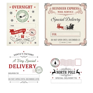 May include: Four vintage-style Christmas delivery labels with text including "Overnight," "Special Delivery," and "North Pole." Designs feature snowflakes, reindeer, and Santa's sleigh. The labels are in red, green, and black.