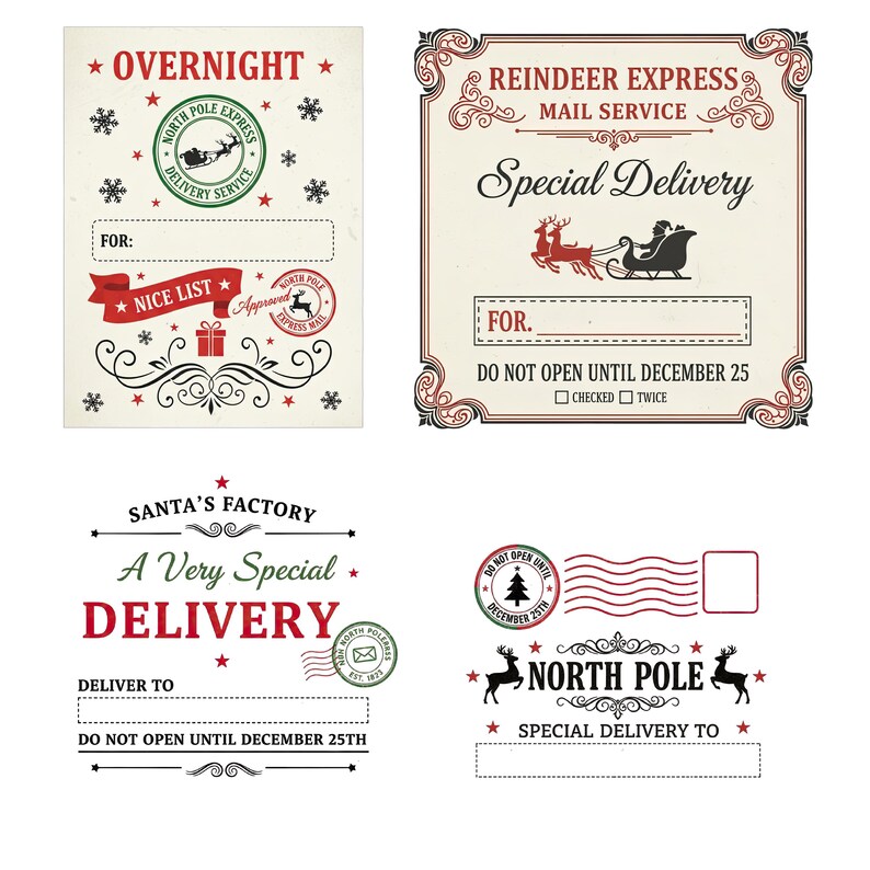 May include: Four vintage-style Christmas delivery labels with text including "Overnight," "Special Delivery," and "North Pole." Designs feature snowflakes, reindeer, and Santa's sleigh. The labels are in red, green, and black.