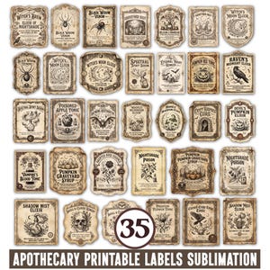 May include: A collection of 35 vintage-style apothecary labels featuring intricate illustrations of spiders, skulls, bats, and botanical elements with text such as Witch's Brew, Black Widow Venom, and Pumpkin Hex Tonic on aged parchment-colored paper.