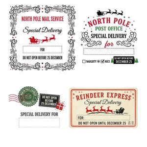 May include: Four Christmas-themed labels with text. The labels include phrases like "North Pole Mail Service," "Special Delivery," and "Do Not Open Before December 25." Each label features decorative elements such as reindeer and sleighs.