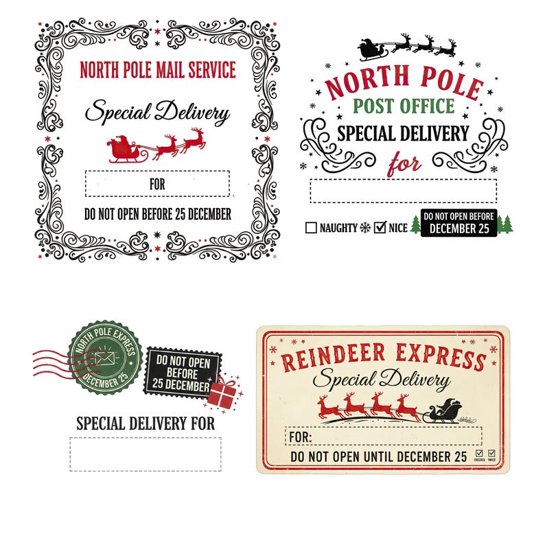 May include: Four Christmas-themed labels with text. The labels include phrases like "North Pole Mail Service," "Special Delivery," and "Do Not Open Before December 25." Each label features decorative elements such as reindeer and sleighs.