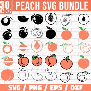 May include: A set of 30 peach SVG designs in various styles, including whole peaches, peach slices, peach halves, and peach pit designs. The designs are in black and white and peach colours. The text "PEACH SVG BUNDLE" and "30 DESIGNS" is at the top of the image. The text "SVG / PNG / EPS / DXF" is at the bottom of the image.
