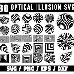 May include: A collection of 30 black and white optical illusion SVG designs. The designs include spheres, spirals, and geometric shapes. The text "30 OPTICAL ILLUSION SVG" is at the top, with file type options at the bottom.