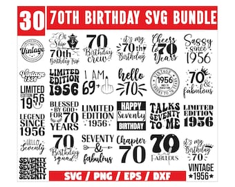 Pakiet SVG z okazji 70. urodzin, Wszystkiego najlepszego z okazji urodzin SVG, Koszulka urodzinowa SVG, Clipart urodzinowy, Siedemdziesiąte urodziny SVG, Vintage 1956 SVG, Cześć siedemdziesiąt