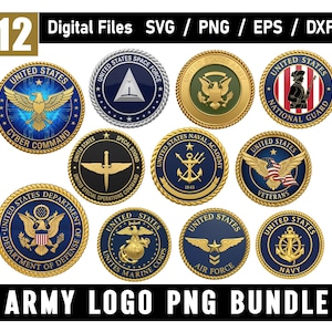 Può includere: Una collezione di 12 file digitali con vari loghi militari e governativi degli Stati Uniti. I loghi sono circolari, con disegni e testo dettagliati, tra cui Cyber Command, Space Force e Navy. È presente anche il testo "ARMY LOGO PNG BUNDLE".