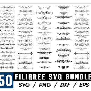 May include: A collection of 50 filigree SVG designs in black, displayed on a white background. The designs include various decorative borders and flourishes. The image also includes the text "50 FILIGREE SVG BUNDLE" with file type options.