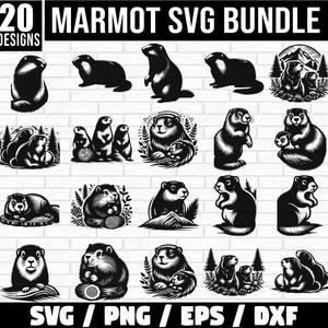 May include: A set of 20 black and white SVG designs featuring marmots in various poses. The designs include marmots standing, sitting, holding logs, and with their young. The designs are perfect for creating crafts, apparel, and other projects.