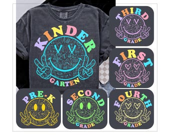 Smiley Back To School Bundle Png, Neon School Kids Shirt With Name Png, First Day Of School Png, Retro Neon Boy Girl Shirt Png