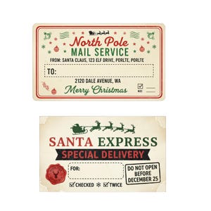 May include: Two Christmas gift tags with a vintage design. The top tag says "North Pole Mail Service" with festive illustrations. The bottom tag reads "Santa Express Special Delivery" with a wax seal and "Do Not Open Before December 25."