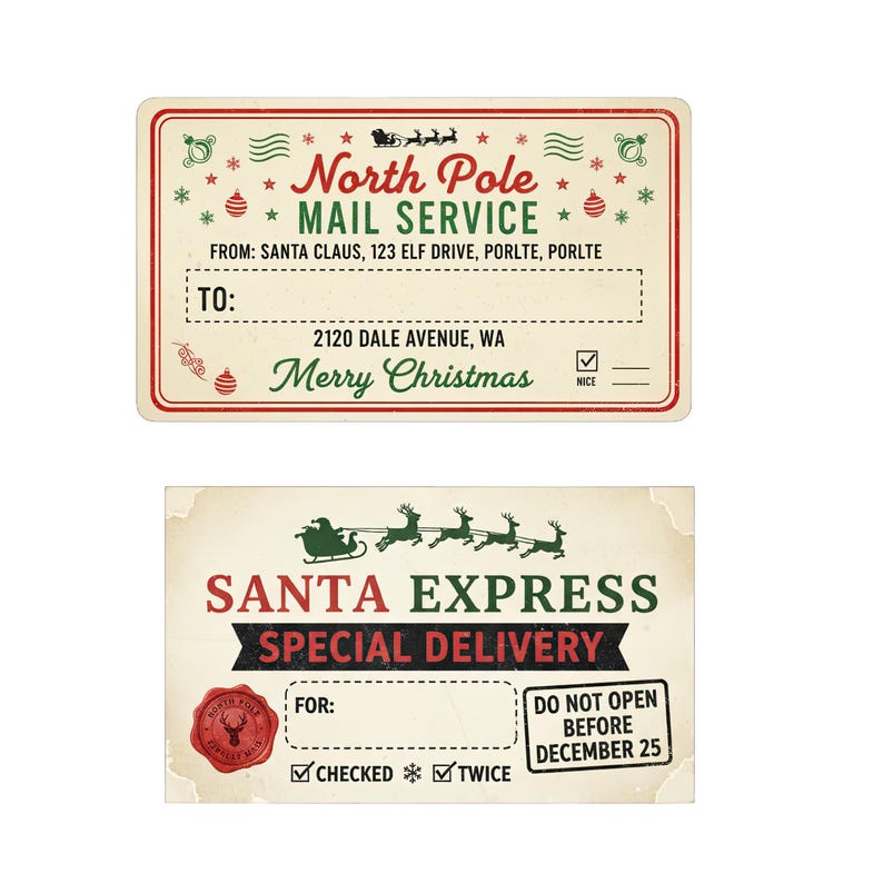 May include: Two Christmas gift tags with a vintage design. The top tag says "North Pole Mail Service" with festive illustrations. The bottom tag reads "Santa Express Special Delivery" with a wax seal and "Do Not Open Before December 25."