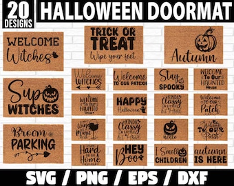 Pacchetto di zerbini di Halloween in formato SVG, cartello di benvenuto di Halloween in formato SVG, benvenuto Boo, pulisci i piedi con "Dolcetto o scherzetto", zerbino di Halloween in formato Png