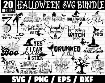 May include: A black and white digital design bundle featuring 20 Halloween-themed SVG files. The designs include text phrases like "Trick or Treat", "Stay Spooky", "Halloween Cutie", "Witchy", "Boo", "Yes I Can Drive A Stick", "Simply Boo-tiful", "Roosting Witch Face", "Drunked Witch", "Drink Up Witches", "Whatever Spices Your Pumpkin", "Thick Thighs & Witchy Vibes", "Who Is Scared Of Spiders", "Hocus Pocus I Need Coffee To Focus".