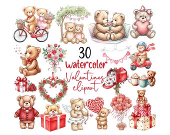 Valentine Bears Clipart, Valentines Teddy Bear Clipart Bundle, Watercolor Love Graphics, Quirky PNG, Digital Download