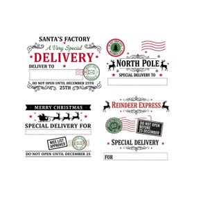 May include: A selection of Christmas delivery labels with festive designs. The labels feature text such as "Santa's Factory," "North Pole," and "Reindeer Express." They include decorative elements such as reindeer, stars, and the text "Do Not Open Until December 25th."