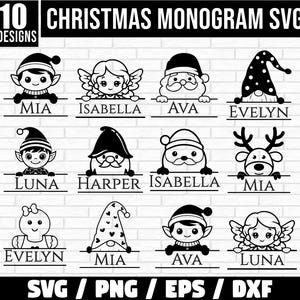 Pacchetto svg monogramma diviso di Natale, svg nome bambino di Natale, ornamento di famiglia di Natale, monogramma porta di Natale, monogramma diviso Svg