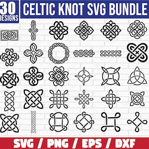 May include: A set of 30 black and white Celtic knot SVG designs. The designs are arranged in a grid on a white brick background. The text "30 DESIGNS" is at the top left corner of the image. The text "CELTIC KNOT SVG BUNDLE" is at the top center of the image. The text "SVG / PNG / EPS / DXF" is at the bottom center of the image.