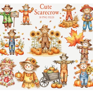 May include: Watercolor illustrations of cute scarecrows in various poses, surrounded by pumpkins, sunflowers, and autumn leaves. The text "Cute Scarecrow" and "30 PNG FILES" are also visible.