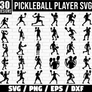 May include: Black and white SVG designs of pickleball players in various action poses. The image includes the text "30 DESIGNS" and "PICKLEBALL PLAYER SVG" at the top, and "SVG / PNG / EPS / DXF" at the bottom. The background is a white brick wall.