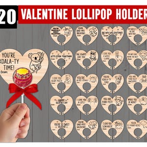 May include: Wooden Valentine's Day lollipop holders in heart shapes, featuring various pun-filled phrases and cute animal illustrations. The image includes a hand holding a lollipop with a red bow. The text reads "20 Valentine Lollipop Holder".