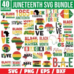 May include: A collection of 40 digital cut files for Juneteenth, featuring various designs with the colors red, yellow, green, and black. The designs include text such as "Black History", "Black Lives Matter", "Juneteenth", "1865", "Strong", "Future Queen", "Future King", "Black and Educated", and "Dope".