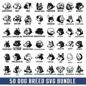 May include: A collection of 50 black and white dog breed illustrations arranged in a grid, each labelled with its breed name underneath. The graphic features various canine profiles and portraits, including Golden Retriever, Beagle, Boxer, and others, with the text 50 DOG BREED SVG BUNDLE at the bottom.