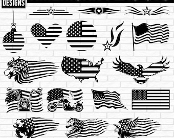 May include: A collection of 20 American flag SVG designs in black and white. The designs include stars, hearts, a lion, an eagle, a motorcycle, and the USA map. The image also includes the text "AMERICAN FLAG SVG" and "SVG / PNG / EPS / DXF".