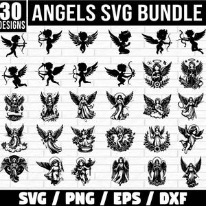 May include: A set of 30 black and white angel SVG designs. The designs feature angels with wings, halos, and various poses. The text "30 DESIGNS" is at the top of the image. The text "SVG / PNG / EPS / DXF" is at the bottom of the image.