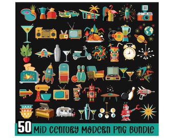 Zestaw Mid Century Modern w formacie PNG, zestaw clipartów retro z lat 50. w Diner w formacie PNG, zestaw kształtów cyfrowych do pobrania w formacie PNG Cricut