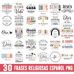 May include: A collection of 30 religious phrases in Spanish, presented in a PNG format. The phrases are displayed in various fonts and colors, with floral and decorative elements. The phrases include words like "Dios", "amor", and "fe".