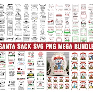 May include: A collection of Christmas-themed SVG and PNG graphics. The image features various designs, including labels, tags, and a drawstring bag with a cartoon character. Text includes "Santa Sack SVG PNG MEGA BUNDLE" and "Your Text Here."