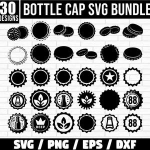 May include: A set of 30 black and white bottle cap SVG designs. The designs include various shapes, including circles, stars, and leaves. The text "30 BOTTLE CAP SVG BUNDLE" and "DESIGNS" is at the top of the image. The text "SVG/PNG/EPS/DXF" is at the bottom of the image.