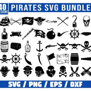 May include: A black and white digital illustration set of 40 pirate themed SVG designs. The set includes images of skulls, swords, treasure chests, anchors, and more.
