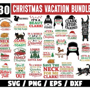May include: A collection of 30 Christmas-themed SVG, PNG, EPS, and DXF files. The designs feature humorous phrases and graphics related to the holiday season, including quotes and illustrations of cats, squirrels, and festive elements.