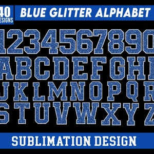 Blue Glitter Sport Alphabet Png bundle, Blue and Silver Alphabet letters and number Set Clipart, Sparkling Blue Letters Png, Sequin Faux