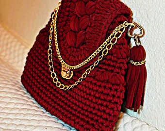 Handwoven Red Crotchet Bag - Handmade Bag, Knitted Bag, Hand Knitted Bag, Luxury Bag, Womens Bag, Designer Bag, Shoulder Bag, Gold Chain