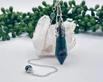 Moss Agate  Crystal Pendulum, Art Deco Inspired, Reiki Infused Divination