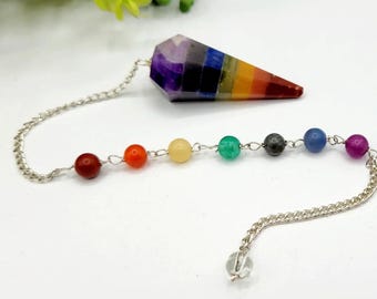 Seven Chakra Pendulum W/Chakra Beads-Silver Plated Chain, Reiki Infused Divination